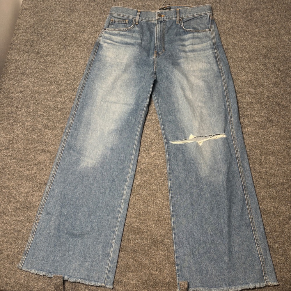 Veronica Beard Taylor Relaxed Wide Leg Jeans Womens 32 Blue High Rise Distressed